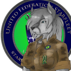  1:1 anthro badge bangs black_nose blue_eyes breasts bust_portrait button_(fastener) canid canine cheek_tuft clothed clothing detailed_background digital_media_(artwork) ears_up emblem english_text eyebrows eyelashes facial_markings facial_tuft female fox front_view fur graphite_(artwork) grey_body grey_fur hair hair_over_eye head_markings inner_ear_fluff insignia jacket jade_(jadeella) long_hair mammal markings melee_weapon military military_uniform mixed_media multicolored_body multicolored_fur one_eye_obstructed pav pencil_(artwork) pockets ponytail portrait red_fox shaded shield shirt snout solo squadron_patch star star_trek sword text topwear traditional_media_(artwork) true_fox tuft uniform weapon 