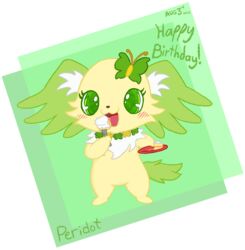  absurd_res accessory anthro arthropod birthday butterfly_(accessory) cake canid canine canis dessert domestic_dog eating eating_cake eating_food female food fur green_body green_eyes green_fur hair_accessory hairclip happy hi_res insects jewelpet lepidopteran mammal masterlinkx neck_tuft papillon peridot_(jewelpet) sanrio sega sega_fave semi-anthro solo toy_dog tuft yellow_body yellow_fur 