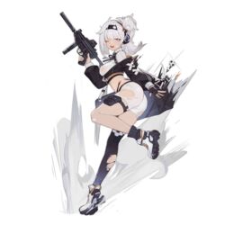  ass asymmetrical_legwear bag ball bandaid bandaid_on_face bandaid_on_knee bandaid_on_leg black_jacket black_ribbon black_socks blue_eyes blunt_bangs breasts colored_shoe_soles duffel_bag female fingerless_gloves full_body girls&#039;_frontline gloves gradient_legwear gun hair_bun hairband headphones holding holding_bag holding_gun holding_weapon jacket large_breasts leg_up looking_at_viewer lusa_(girls&#039;_frontline) lusa_submachine_gun medium_hair midriff mto_man neck_ribbon no_symbol off_shoulder official_art one_eye_closed open_mouth pouch ribbon see-through see-through_shirt shirt shoe_soles shoes short_shorts shorts single_fingerless_glove single_thighhigh smile smoke_trail sneakers soccer_ball socks solo standing standing_on_one_leg submachine_gun tachi-e teeth thigh_pouch thighhighs third-party_source torn_clothes torn_shorts torn_thighhighs transparent_background trigger_discipline upper_teeth_only weapon white_footwear white_hair white_shorts 