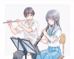  1777_kaki 1boy black_hair black_pants blue_eyes blue_hair blue_neckerchief blue_sailor_collar blue_skirt blush chair closed_eyes collared_shirt female flute genderswap_(ftm) hibike!_euphonium holding holding_instrument instrument kasaki_nozomi kitauji_high_school_uniform liz_to_aoi_tori long_hair music music_stand neckerchief oboe pants playing_instrument pleated_skirt rule_63 sailor_collar school_uniform serafuku shirt short_hair short_sleeves simple_background sitting skirt white_shirt yoroizuka_mizore 