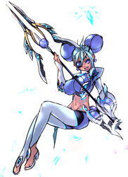  bident blue_hair breasts dark-skinned_female dark_skin female large_breasts negresco polearm praxis_(xenoblade) purple_eyes short_hair simple_background solo weapon white_background xenoblade_chronicles_(series) xenoblade_chronicles_2 