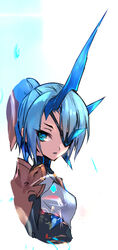  armor asymmetrical_horns blue_eyes blue_hair chest_jewel eyepatch female gem horns ice_horns long_hair looking_at_viewer negresco open_mouth parted_lips pauldrons ponytail short_hair shoulder_armor simple_background single_horn solo theory_(xenoblade) upper_body white_background xenoblade_chronicles_(series) xenoblade_chronicles_2 