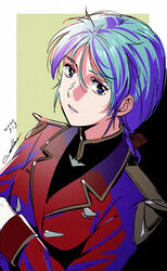  aqua_hair blue_eyes bow char&#039;s_counterattack dated female gundam hairbow jacket lips long_sleeves looking_at_viewer medium_hair parted_lips pink_lips quess_paraya red_bow red_jacket signature solo uniform upper_body werkbau 