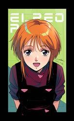  character_name dated elpeo_puru female gundam gundam_zz looking_at_viewer open_mouth orange_hair purple_eyes purple_shirt shirt short_hair short_sleeves sidelocks signature solo upper_body werkbau 