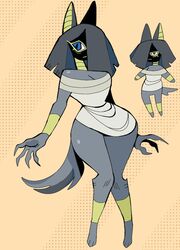  2022 4_fingers anthro anubian_jackal armwear barefoot biped blue_eyes canid canine canis clothed clothing digital_media_(artwork) dress egyptian egyptian_clothing egyptian_mythology feet female fingers full-length_portrait fur grey_body grey_hair hair hair_over_eye hi_res jackal mammal middle_eastern_mythology mythology one_eye_obstructed portrait puppkittyfan1 simple_background solo standing tail tail_tuft thick_thighs tuft white_clothing white_dress wide_hips yellow_armwear yellow_background yellow_clothing yellow_inner_ear 