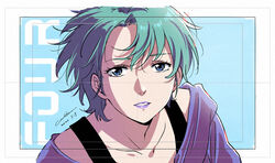  aqua_hair black_shirt blue_eyes border character_name collarbone dated female four_murasame gundam lips looking_at_viewer portrait purple_lips purple_shirt shirt short_hair signature solo werkbau white_border zeta_gundam 