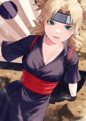  :d black_gloves black_kimono blonde_hair blue_eyes breasts cleavage collarbone commentary_request fagi_(kakikaki) female fingerless_gloves gloves headband japanese_clothes kimono long_hair looking_at_viewer medium_breasts naruto naruto_(series) obi open_mouth partial_commentary sash short_sleeves smile solo temari_(naruto) 