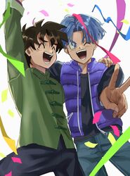  2boys :d aged_up black_hair blue_eyes blue_hair closed_eyes commentary_request confetti dragon_ball dragon_ball_super dragon_ball_super_super_hero flyers_(death_parade) highres male_focus multiple_boys open_mouth protected_link ribbon short_hair simple_background smile son_goten spiked_hair teeth tommmmieee trunks_(dragon_ball) v white_background 