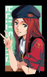  ascot beret black_hat blue_eyes character_name christina_mackenzie dated female gundam gundam_0080 hat jacket lips long_hair looking_at_viewer military military_uniform parted_lips pink_nails red_hair red_jacket short_sleeves signature solo uniform v werkbau white_ascot 