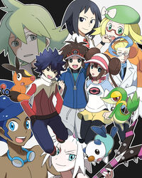  3girls 6+boys :d beret bianca_(pokemon) black_hair black_pantyhose blonde_hair blue_eyes blue_hair blue_jacket cheren_(pokemon) closed_mouth collared_shirt colress_(pokemon) commentary_request futako_(gemini_ds) glasses gloves green_eyes green_hair green_headwear grey_shorts hat hood hood_down hooded_jacket hugh_(pokemon) jacket marlon_(pokemon) multiple_boys multiple_girls n_(pokemon) nate_(pokemon) necktie official_style open_mouth orange_jacket oshawott outline pants pantyhose parted_lips pokemon pokemon_(creature) pokemon_bw2 raglan_sleeves red-framed_eyewear red_headwear rosa_(pokemon) roxie_(pokemon) semi-rimless_eyewear shirt shoes short_shorts shorts smile snivy starter_pokemon_trio teeth tepig tongue upper_teeth_only visor_cap white_shirt yellow_shorts zipper_pull_tab 