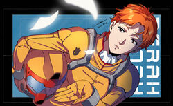  berah_ronah brown_eyes cecily_fairchild character_name crossbone_gundam dated dutch_angle female gundam gundam_f91 helmet holding holding_helmet lips looking_at_viewer normal_suit orange_hair parted_lips petals short_hair signature spacesuit upper_body werkbau 