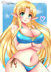  \||/ artist_name bikini blonde_hair blue_bikini blush border bracelet breast_hold breasts cleavage closed_mouth commentary cowboy_shot earrings elf english_commentary female forehead gold_trim green_eyes gumroad_logo gumroad_username heart highres jewelry large_breasts long_hair looking_at_viewer midriff mixed-language_commentary nail_polish navel outside_border parted_bangs pink_nails pointy_ears princess princess_zelda side-tie_bikini_bottom simple_background smile solo standing sugarbell swimsuit the_legend_of_zelda the_legend_of_zelda:_breath_of_the_wild thighs triforce triforce_earrings very_long_hair white_border 