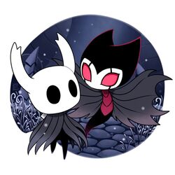  2others bad_id bad_pixiv_id cloak commentary_request flying full_body grass grey_cloak grimmchild hollow_eyes hollow_knight horns knight_(hollow_knight) looking_at_another mask multiple_others nail_(hollow_knight) no_humans path red_eyes sango_(y1994318) simple_background walking weapon white_background wings 