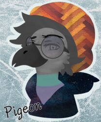  2020 5:6 absurd_res ambiguous_gender anthro avian beak beanie bird cheek_tuft clothed clothing columbid detailed detailed_feathers digital_media_(artwork) english_text eyewear facial_tuft feather_tuft feathers freckles glasses hair hat head_tuft headgear headshot_portrait headwear hi_res hoodie izyaboicallume looking_at_viewer milton multicolored_body multicolored_feathers open_mouth pigeon portrait shaded shy simple_background solo text textured textured_background textured_clothing textures topwear tuft 