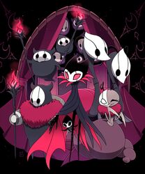  2boys 6+others animal_print bad_id bad_pixiv_id bat_print black_background brumm cloak closed_eyes commentary_request curtains dated divine_(hollow_knight) female fire flying full_body fur_collar grimm_(hollow_knight) grimmchild grimmkin grimmsteed half_mask highres holding holding_torch hollow_knight horns looking_at_viewer mask multiple_boys multiple_others no_humans peeking_out pink_fire red_eyes sango_(y1994318) smile standing torch 