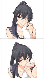  1other black_hair black_sailor_collar breasts cleavage closed_mouth collarbone female hair_between_eyes highres kantai_collection long_hair one_eye_closed ponytail red_eyes rindou_(rindou_annon) sailor_collar school_uniform serafuku sidelocks sleeveless smile very_long_hair yahagi_(kancolle) 