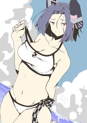  bikini blue_sky breasts cloud commentary_request cosplay cowboy_shot female hair_intakes headgear highres kantai_collection large_breasts looking_at_viewer official_alternate_costume one-hour_drawing_challenge purple_eyes purple_hair short_hair sky solo strap_pull swimsuit taira_yuuki tatsuta_(kancolle) tenryuu_(kancolle) tenryuu_(kancolle)_(cosplay) tenryuu_(swimsuit_mode)_(kancolle) white_bikini 