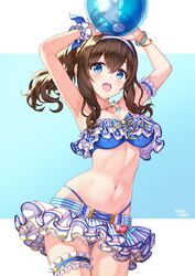  :o alternate_hairstyle arm_up armband arms_up artist_name ball beachball bikini bikini_skirt bikini_top_only blue_bikini blue_bow blue_eyes blue_ribbon blush bow bow_bikini bracelet breasts brown_hair cleavage commentary_request curly_hair female frilled_bikini frills hair_between_eyes hair_ribbon hamahama headband heart heart_necklace highres holding holding_ball idolmaster idolmaster_cinderella_girls jewelry large_breasts long_hair looking_at_viewer navel necklace open_mouth ponytail ribbon sagisawa_fumika signature single_wrist_cuff smile solo stomach swimsuit thigh_strap wrist_cuffs 