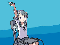  arms_up asymmetrical_bangs blue_background chair commentary cowboy_shot drawing_board english_commentary eromanga_sensei female grey_hair grey_ribbon grey_skirt hairband kantai_collection long_hair name_connection one-hour_drawing_challenge pleated_skirt purple_eyes purple_hairband sagiri_(kancolle) school_uniform serafuku short_sleeves sitting sixten skirt solo stretching stylus swept_bangs 