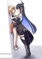  2girls against_wall black_hair blonde_hair boots colored_inner_hair commentary english_commentary eye_contact height_difference high_heel_boots high_heels highres hololive hololive_english hololive_summer_2023_swimsuit lauren_phillips_lifting_alice_merchesi_(meme) lifting_person long_hair looking_at_another meme multicolored_hair multiple_girls nerissa_ravencroft nerissa_ravencroft_(1st_costume) nervous sandals tall tall_female toeless_footwear very_long_hair virtual_youtuber watson_amelia you_gonna_get_raped yuri zedd_(zedgawr) 