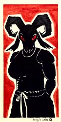  black_body black_fur bottomwear bovid caprine clothed clothing cross_eyes female fragilescales fur goat hi_res horn ink looking_at_viewer mammal marker_(artwork) pants red_background red_eyes simple_background solo sweatpants traditional_media_(artwork) 