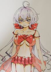  :s ahoge alternate_costume bare_shoulders blush bow breasts cleavage collarbone cowboy_shot female foshymooo frills hair_between_eyes hair_ribbon hairbow large_breasts long_hair looking_at_viewer navel purple_eyes red_bow ribbon see-through senki_zesshou_symphogear sidelocks simple_background solo standing traditional_media twintails very_long_hair white_hair yukine_chris 