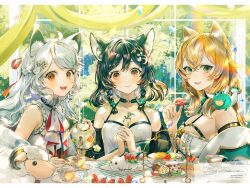  3girls :d ahoge animal_ear_fluff animal_ears bare_shoulders black_hair blonde_hair breasts brown_eyes choker cleavage commentary cup cupcake day eating fingernails food fork frills frog_hair_ornament fruit green_eyes hair_between_eyes hair_ornament holding holding_fork holding_macaron holding_teapot instagram_username jacket long_hair looking_at_viewer macaron medium_hair multiple_girls neck_ribbon off_shoulder open_mouth original own_hands_together pouring ribbon saucer say_hana sheep sleeveless smile strawberry tea tea_party teacup teapot teeth twitter_username upper_body upper_teeth_only window 