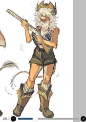  anthro boots bottomwear bovid bovine braces_(clothing) breasts buffy_(rockthecoon) cigarette cleavage clothed clothing cowboy_boots cowboy_hat female footwear gun hair hair_over_eye hat headgear headwear mammal ranged_weapon rifle rockthecoon shoes shorts smile socks solo weapon yak 