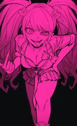  bear_hair_ornament bent_over black_background black_choker bow bra bra_peek breasts choker cleavage danganronpa:_trigger_happy_havoc danganronpa_(series) enoshima_junko female fingernails gyaru hair_ornament hand_up highres index_finger_raised long_fingernails long_hair looking_at_viewer miniskirt monochrome open_mouth partially_unbuttoned pleated_skirt sei_yaaa simple_background skirt sleeves_rolled_up smile squinting tongue tongue_out twintails underwear 