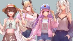  4girls :d absurdres ahoge alternate_costume animal_ears aqua_eyes baseball_cap belt black_hair blonde_hair blue_coat blue_pants blush bracelet brown_shorts camisole closed_eyes clothes_writing coat collarbone commentary_request cowboy_shot crown_print demon_girl demon_wings denim denim_shorts flower green_eyes grey_background grey_camisole grey_hair hands_in_pockets hat hat_flower heterochromia highres himemori_luna hololive horns jacket jewelry lion_ears lion_girl long_hair long_sleeves looking_at_viewer mikan_mizu multiple_bracelets multiple_girls navel off_shoulder oozora_subaru open_clothes open_shirt pants pink_hair pink_jacket pink_shirt pointy_ears print_shirt purple_eyes shirt shishiro_botan short_hair shorts simple_background sleeveless sleeveless_shirt smile spaghetti_strap stomach straw_hat striped_clothes striped_shirt subachocolunatan_(hololive) virtual_youtuber whistle whistle_around_neck white_shirt wings yuzuki_choco 