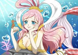  blue_eyes breasts bubble cleavage closed_mouth commentary_request female fish_hair_ornament hagoromo hair_ornament half_updo highres hippocamp long_hair mermaid monster_girl one_piece pink_hair shawl shirahoshi sidelocks smile solo swept_bangs syoko_346 twintails underwater very_long_hair 