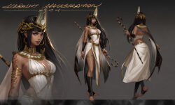  2019 absurdres arm_tattoo back_cutout bare_shoulders black_hair black_nails breasts center_opening clothing_cutout cursive dated dress earrings egyptian egyptian_clothes feet female gold_thighlet grey_background hand_tattoo headdress highres hip_vent holding holding_staff hoop_earrings jewelry multiple_views nail_polish original purple_eyes revealing_clothes see-through_silhouette shiny_skin shoulder_blades small_breasts staff stirrup_legwear straight_hair tan tattoo thighlet tiptoes toeless_legwear toenail_polish toenails usekh_collar white_dress yulin 