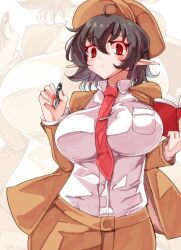  ahoge black_hair breasts brown_hat brown_jacket brown_shorts cabbie_hat collared_shirt commentary_request cowboy_shot female flat_cap hat holding holding_notebook jacket jyaoh0731 large_breasts looking_at_viewer nail_polish necktie nib_pen_(object) notebook open_clothes open_jacket pen pocket pointy_ears red_eyes red_nails red_necktie shameimaru_aya shameimaru_aya_(newsboy) shirt short_hair shorts solo suit_jacket tie_clip touhou white_shirt 