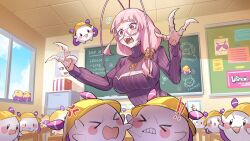  &gt;_&lt; absurdres anger_vein antenna_hair arthropod_girl blunt_bangs breasts chalkboard classroom claws cleavage cleavage_cutout clothing_cutout cockroach_girl fangs female fighting glasses hair_ornament hat highres huge_breasts long_hair maplesights matara_kan matara_kan_(casual) momo_(matara_kan) open_mouth pink_hair purple_shirt red_eyes sharp_teeth shirt striped_clothes striped_shirt teacher teeth two-sided_fabric vshojo window 