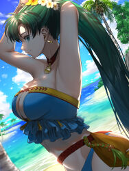  adjusting_hair armpits bare_shoulders beach bikini blue_bikini blue_eyes blue_sky breasts cleavage cloud cloudy_sky delsaber earrings female fire_emblem fire_emblem:_the_blazing_blade fire_emblem_heroes from_side green_hair head_wreath highres jewelry large_breasts long_hair lyn_(fire_emblem) lyn_(lady_of_the_beach)_(fire_emblem) ocean palm_tree ponytail sand sky solo stomach strapless strapless_bikini swimsuit tree 