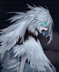  1boy black_background bleeding blood blood_from_mouth blue_eyes commentary_request enununu0 fangs feather_hair feathered_wings grey_hair head_wings highres injured_wings injury long_hair looking_at_viewer looking_back male_focus multiple_wings original slit_pupils solo wings 