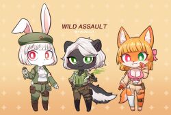  3girls akai_hime_(wild_assault) ammunition_pouch animal_ears armband breasts chibi cleavage cross fox_ears fox_girl fox_tail furry furry_female gloves green_eyes heterochromia holding hongying_(wild_assault) jacket long_sleeves looking_at_viewer marquez_(wild_assault) medic medium_hair multiple_girls orange_background pink_eyes pouch rabbit_girl red_cross red_eyes shirt shorts single_thighhigh skunk_ears skunk_girl skunk_tail tail thigh_strap thighhighs white_armband wild_assault ychicken21 