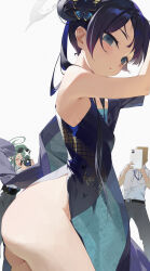  1boy 2girls absurdres arms_up ass bare_shoulders black_hair blue_archive blurry blush breasts butterfly_hair_ornament camera china_dress chinese_clothes coat_partially_removed dragon_print dress grey_eyes hair_bun hair_ornament halo highres holding holding_camera kisaki_(blue_archive) li-mi long_hair long_sleeves looking_at_viewer mina_(blue_archive) multiple_girls open_mouth parted_bangs parted_lips print_dress ribbon sensei_(blue_archive) shirt simple_background sleeveless sleeveless_dress smile solo_focus taking_picture thighs 