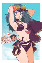  2boys 2girls arms_behind_head bikini black_bikini black_cape blonde_hair blue_eyes blue_hair blush_stickers breasts byleth_(female)_(fire_emblem) byleth_(female)_(summer)_(fire_emblem) byleth_(fire_emblem) cape chibi chimney_(chimney0311) claude_von_riegan claude_von_riegan_(summer) cleavage closed_eyes commentary_request covering_another&#039;s_eyes dark-skinned_male dark_skin dimitri_alexandre_blaiddyd dimitri_alexandre_blaiddyd_(summer) edelgard_von_hresvelg edelgard_von_hresvelg_(summer) eyewear_on_head fire_emblem fire_emblem:_three_houses fire_emblem_heroes floating_hair highres large_breasts long_hair multiple_boys multiple_girls navel official_alternate_costume purple_eyes round_eyewear short_hair smile stomach sunglasses swimsuit tinted_eyewear white_hair yellow-tinted_eyewear 