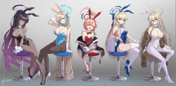  5girls absurdly_long_hair ahoge akane_(blue_archive) akane_(bunny)_(blue_archive) animal_ears aqua_bow aqua_bowtie aqua_leotard ass asuna_(blue_archive) asuna_(bunny)_(blue_archive) asymmetrical_bangs asymmetrical_hair bar_stool black-framed_eyewear black_footwear black_hair black_leotard black_pantyhose blonde_hair blue_archive blue_eyes blue_footwear blue_hairband blue_halo blue_leotard bow bowtie braid breasts brown_eyes brown_halo brown_shawl cleaning_&amp;_clearing_(blue_archive) covered_navel crossed_legs dark-skinned_female dark_skin detached_collar earpiece fake_animal_ears fake_tail fishnet_pantyhose fishnets full_body glasses gloves gradient_background gradient_hair grey_background hair_between_eyes hair_over_one_eye hairband halo high_heels highleg highleg_leotard huge_ahoge jacket karin_(blue_archive) karin_(bunny)_(blue_archive) kelinch1 large_breasts leotard light_brown_hair long_hair looking_at_viewer medium_breasts mole mole_on_breast mole_under_each_eye mole_under_eye multicolored_hair multiple_girls multiple_moles neru_(blue_archive) neru_(bunny)_(blue_archive) number_tattoo official_alternate_costume orange_hair pantyhose plaid_clothes plaid_shawl playboy_bunny print_jacket purple_hair purple_halo rabbit_ears rabbit_tail red_bow red_bowtie red_eyes red_footwear red_leotard shawl short_hair shoulder_tattoo side-tie_leotard sidelocks signature single_braid sitting smile stool strapless strapless_leotard sukajan tag tail tattoo thighband_pantyhose thighhighs toki_(blue_archive) toki_(bunny)_(blue_archive) traditional_bowtie very_long_hair white_footwear white_gloves white_hairband white_leotard white_pantyhose white_thighhighs white_wrist_cuffs wrist_cuffs yellow_eyes 