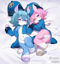  2girls animal_ears animal_nose bed_sheet blathine_(genshin_impact) blue_fur blue_hair blue_hat blush coat flong full_body furry genshin_impact hair_between_eyes hat highres looking_at_viewer lying melusine_(genshin_impact) menthe_(genshin_impact) multiple_girls navel oerba_yun_fang on_back on_bed open_mouth pink_fur pink_hair purple_eyes short_hair sleeve_cuffs smile snout tail two-tone_fur white_fur wings 