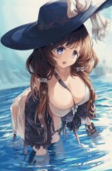  :d asalilysuke bikini black_hat blue_eyes blush breast_strap breasts brown_hair cleavage female flower flower_hairpin granblue_fantasy hair_between_eyes hair_flower hair_ornament hair_scrunchie hat highres in_water large_breasts leaning_forward raziel_(granblue_fantasy) raziel_(summer)_(granblue_fantasy) scrunchie smile sun_hat swimsuit twintails wading water white_flower white_scrunchie 