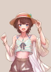  :d alternate_costume aqua_eyes black_hair blush bracelet brown_background brown_shorts collarbone commentary_request cowboy_shot female flower hat hat_flower highres hololive jewelry looking_at_viewer mikan_mizu multiple_bracelets navel off_shoulder oozora_subaru shirt short_hair shorts simple_background sleeveless sleeveless_shirt smile solo stomach straw_hat striped_clothes striped_shirt virtual_youtuber whistle whistle_around_neck 