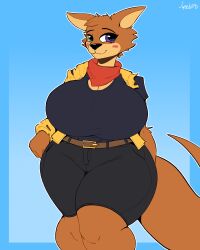  2024 :3 absurd_res aliasing anthro belt big_breasts black_bottomwear black_clothing black_nose black_shirt black_shorts black_topwear blue_background blush blush_stickers bottomwear breasts brown_belt brown_body brown_fur cel_shading cleavage closed_smile clothed clothing countershade_face countershade_fur countershade_torso countershading digital_media_(artwork) eyebrows eyelashes female fingers front_view fully_clothed fur happy heterochromia hi_res huge_breasts jacket justbirb kangaroo kerchief krita_(artwork) looking_at_viewer macropod mammal marsupial mouth_closed multicolored_body multicolored_fur neckerchief open_clothing open_jacket open_topwear outline portrait pupils purple_eyes red_kerchief red_neckerchief shaded shirt shorts signature simple_background smile snout solo standing tail tan_body tan_countershading tan_fur thick_thighs three-quarter_portrait topwear torn_jacket two_tone_body two_tone_fur unknown_character white_outline wide_hips yellow_clothing yellow_eyes yellow_jacket_(clothing) yellow_topwear 