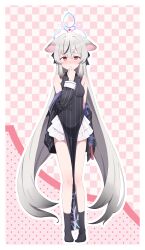  absurdres black_dress black_hair black_jacket black_ribbon black_socks blue_archive blush breasts china_dress chinchilla_ears chinese_clothes dress female frilled_dress frills full_body gradient_hair grey_hair hair_ribbon halo hand_to_own_mouth highres jacket kokona_(blue_archive) long_hair looking_at_viewer multicolored_hair off_shoulder pelvic_curtain pinstripe_dress pinstripe_jacket pinstripe_pattern red_eyes ribbon small_breasts socks solo standing streaked_hair t-hou very_long_hair 