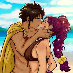  1boy bikini braid braided_ponytail brown_bikini claude_von_riegan claude_von_riegan_(summer) commission couple dark-skinned_female dark-skinned_male dark_skin english_commentary female fire_emblem fire_emblem:_three_houses fire_emblem_heroes highres hunnymzdraws kissing long_hair official_alternate_costume petra_macneary petra_macneary_(summer) purple_hair second-party_source straight swimsuit 