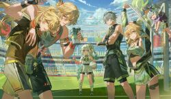  3boys 3girls aether_(genshin_impact) alhaitham_(genshin_impact) alternate_costume arms_up ball blonde_hair bright_pupils closed_mouth cross-laced_footwear cross-shaped_pupils flower flying genshin_impact gradient_hair green_eyes green_hair grey_hair hair_flower hair_ornament highres holding holding_ball kaveh_(genshin_impact) long_hair lumine_(genshin_impact) multicolored_hair multiple_boys multiple_girls nahida_(genshin_impact) navel official_art outdoors paimon_(genshin_impact) parted_lips shirt shoes short_hair_with_long_locks side_ponytail sleeveless sleeveless_shirt smile socks standing symbol-shaped_pupils white_pupils white_shirt white_socks 