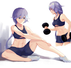  absurdres bike_shorts black_hair black_shorts black_sports_bra blue_eyes breasts dumbbell female fu_hua full_body highres holding honkai_(series) honkai_impact_3rd long_hair muscular muscular_female navel open_mouth shorts simple_background small_breasts socks solo sports_bra stomach underboob white_background white_socks zhelizhiyouhongcha 