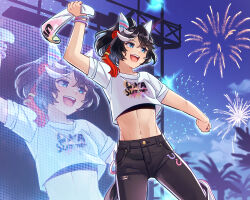  :d aerial_fireworks animal_ears arm_up black_hair black_pants blue_eyes bracelet breasts clothes_writing cloud commentary_request cowboy_shot crop_top cropped_shirt denim ear_covers ear_ornament female fireworks gaman hair_between_eyes hair_ornament highres holding holding_towel horse_ears horse_girl horse_tail jeans jewelry katsuragi_ace_(umamusume) medium_hair midriff monitor multicolored_hair multiple_bracelets navel night open_mouth outdoors pants ponytail screen shirt shoes short_sleeves sidelocks small_breasts smile sneakers solo stage stage_lights standing standing_on_one_leg streaked_hair t-shirt tail tassel tassel_hair_ornament teeth torn_clothes torn_pants towel two-tone_hair uma_summer_(umamusume) umamusume upper_teeth_only white_footwear white_hair white_shirt 