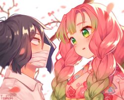  1boy absurdres bandages black_hair blush braid breasts female floral_print_kimono gradient_hair green_eyes green_hair highres iguro_obanai japanese_clothes kanroji_mitsuri kimetsu_no_yaiba kimono long_hair mask mole mole_under_eye mouth_mask multicolored_hair open_mouth pink_hair pink_kimono shirt short_hair tsukiaki_teriyaki white_shirt yellow_eyes 